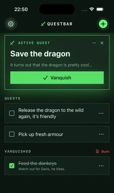 The active quest ‘Save the dragon’ pinned at the top of the iPhone app with a Vanquish button