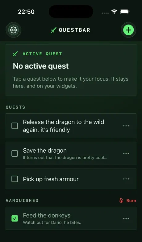 The QuestBar quest log on iPhone, with three quests to begin and a vanquished one below