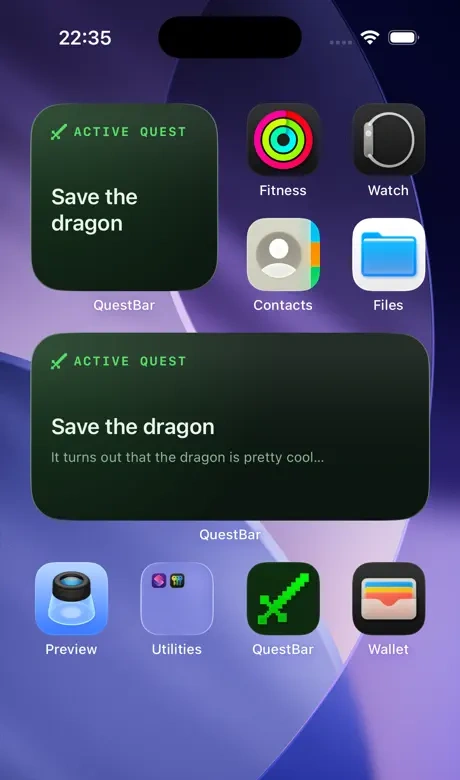 Two QuestBar widgets on an iPhone Home Screen showing the active quest ‘Save the dragon’